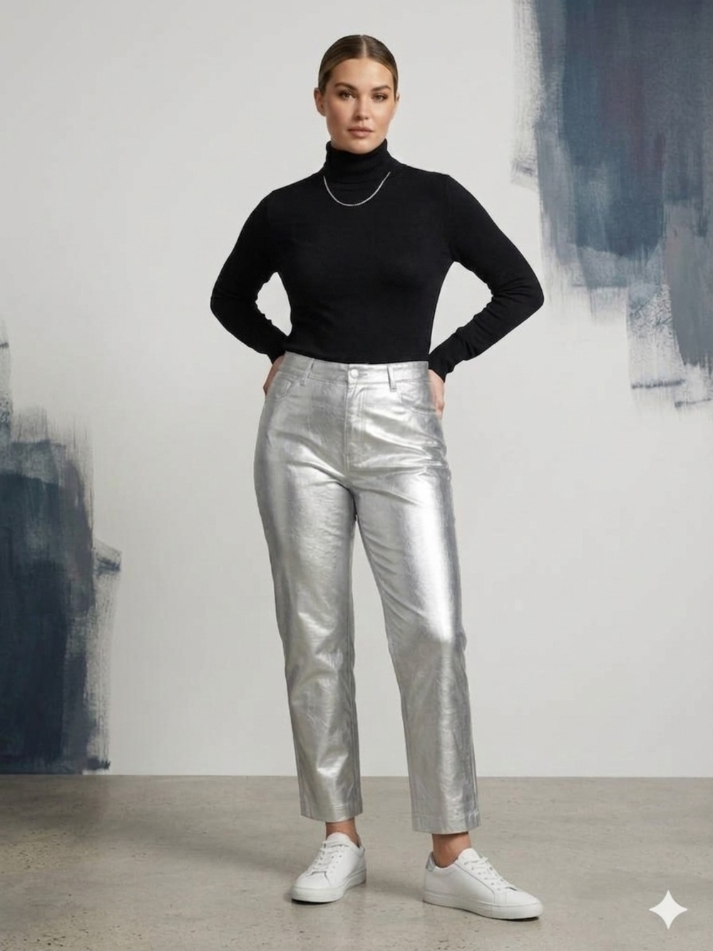 GREY LAB Medium Silver Metallic High Waisted Straight Leg Pants